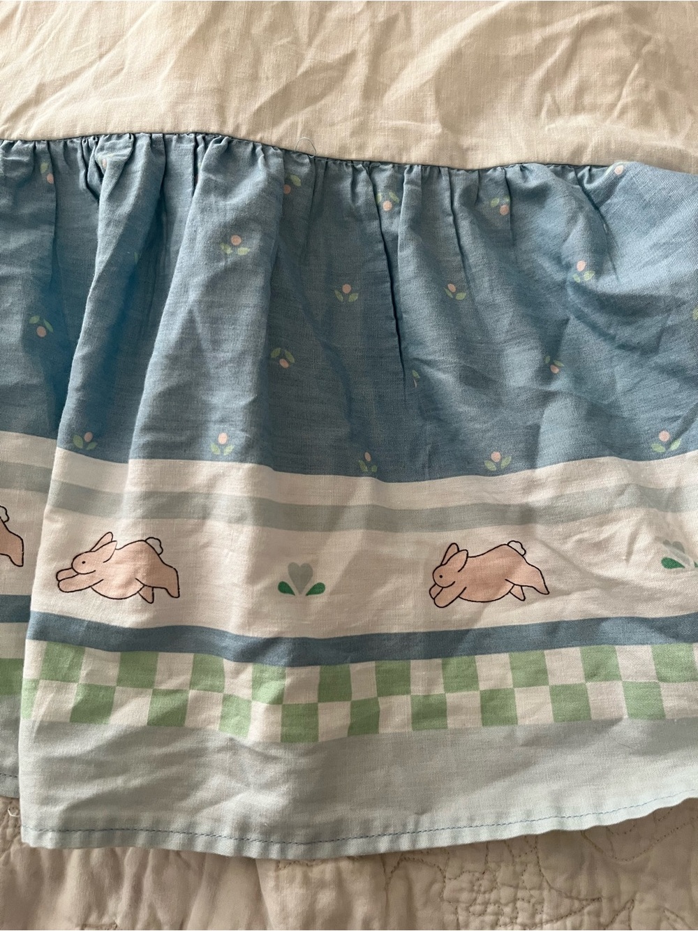 Country Cottage Baby Rabbit/Bunny Crib Skirt/bed ruffle Blue, Beige And Green